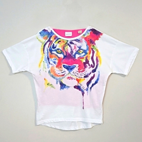 Diesel Kids Watercolour Tiger Print T-Shirt W/ Pink Built-in Tank, Size 5 ~ EUC - Picture 2 of 7